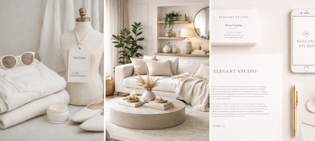 Décoration selon la tendance de l'année 2026, avec la couleur Pantone Cloud Dancer