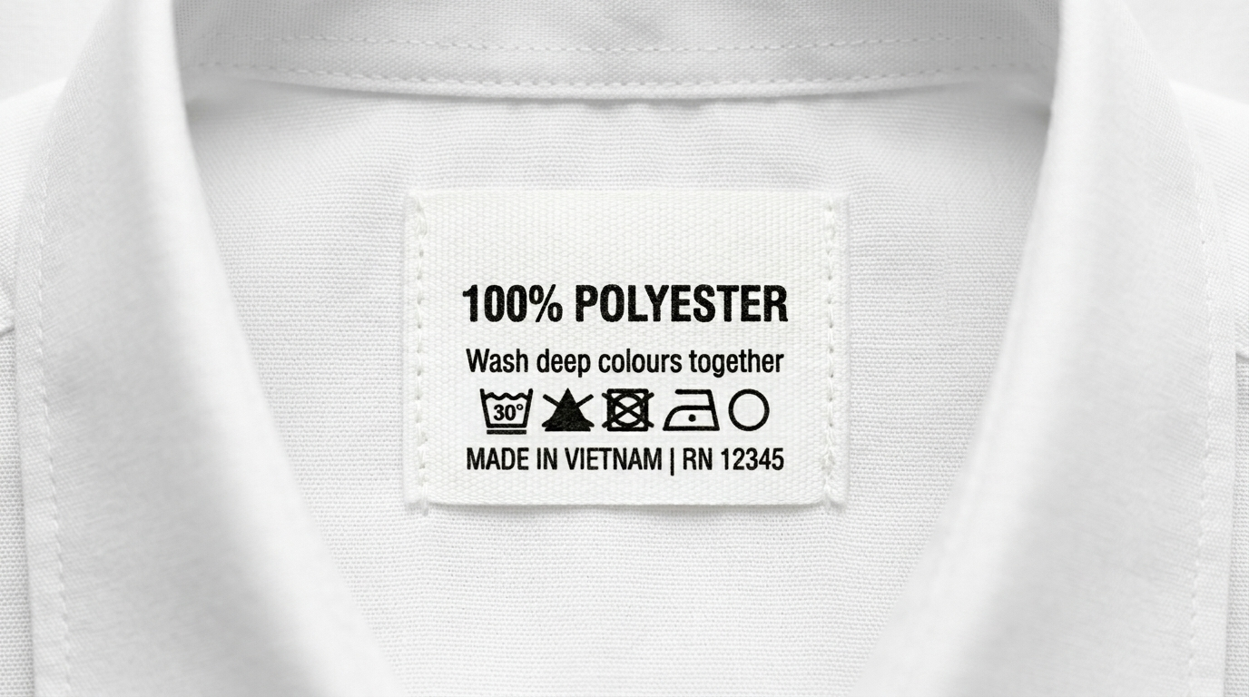 Gros plan de l'étiquette d'entretien en tissu d'une chemise blanche boutonnée, cousue à l'intérieur du col. L'étiquette blanche rectangulaire contient du texte noir et des symboles. Le texte est : "100% POLYESTER", suivi de "Wash deep colours together". En dessous se trouve une rangée de cinq symboles d'entretien : lavage à 30°C délicat (cuve avec 30°), interdiction de blanchiment (triangle barré), interdiction de séchage en tambour (carré avec cercle barré), interdiction de repassage (fer à repasser barré) et interdiction de nettoyage à sec (cercle barré). La ligne finale de texte indique : "MADE IN VIETNAM | RN 12345".