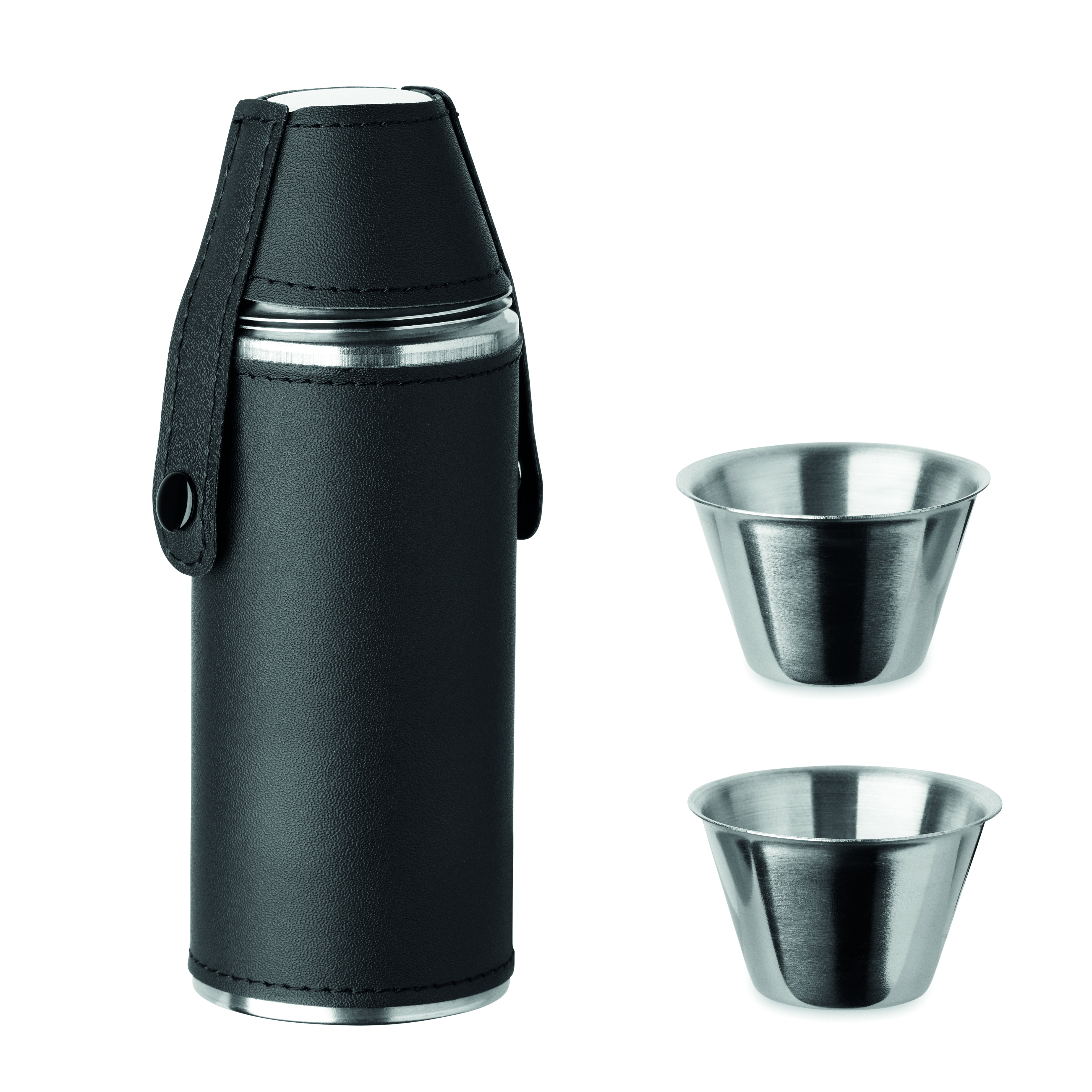 Bouteille avec 2 gobelets 230 ml en inox et similicuir