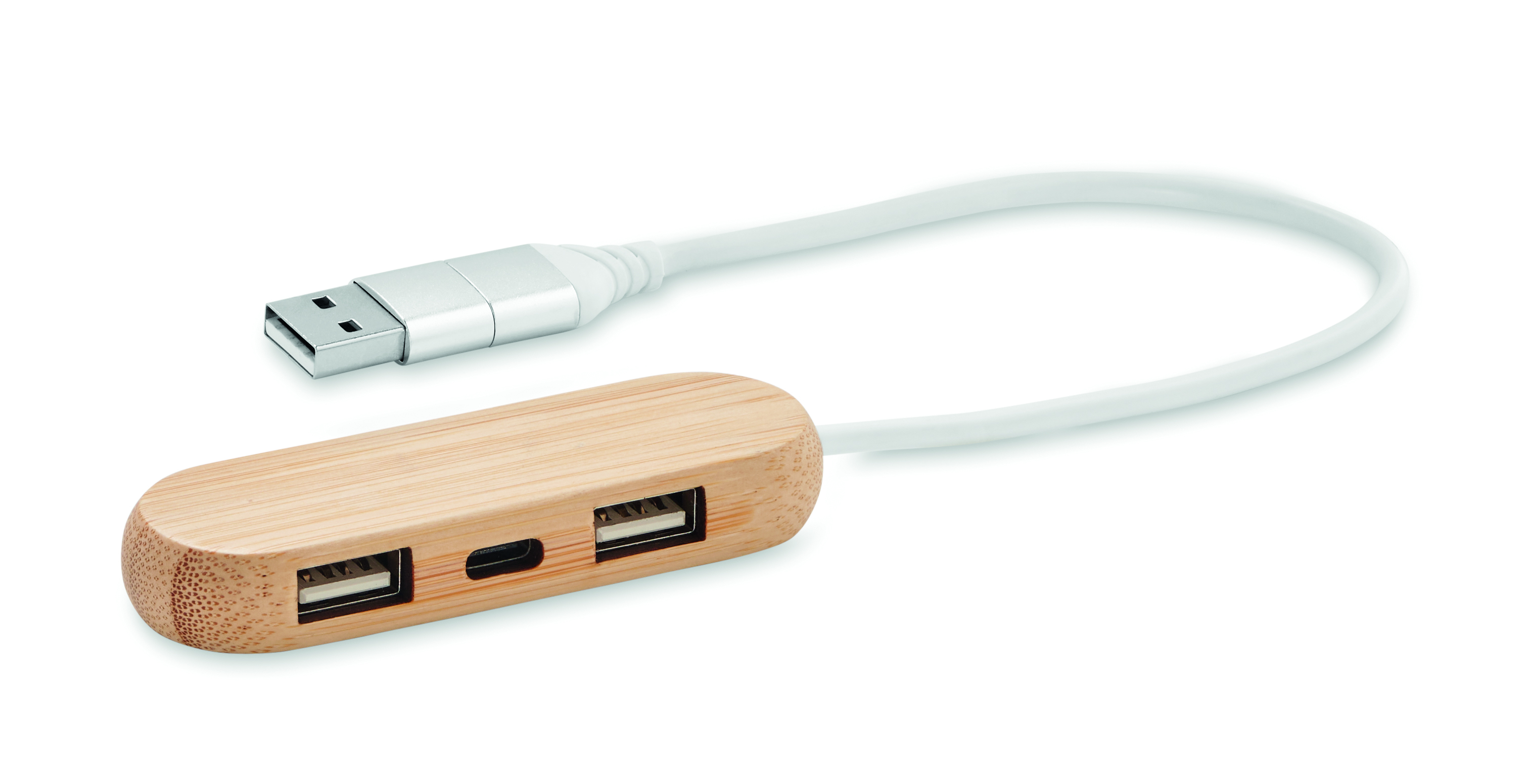 Hub USB 2.0 3 ports avec câble 2 en 1 en bambou