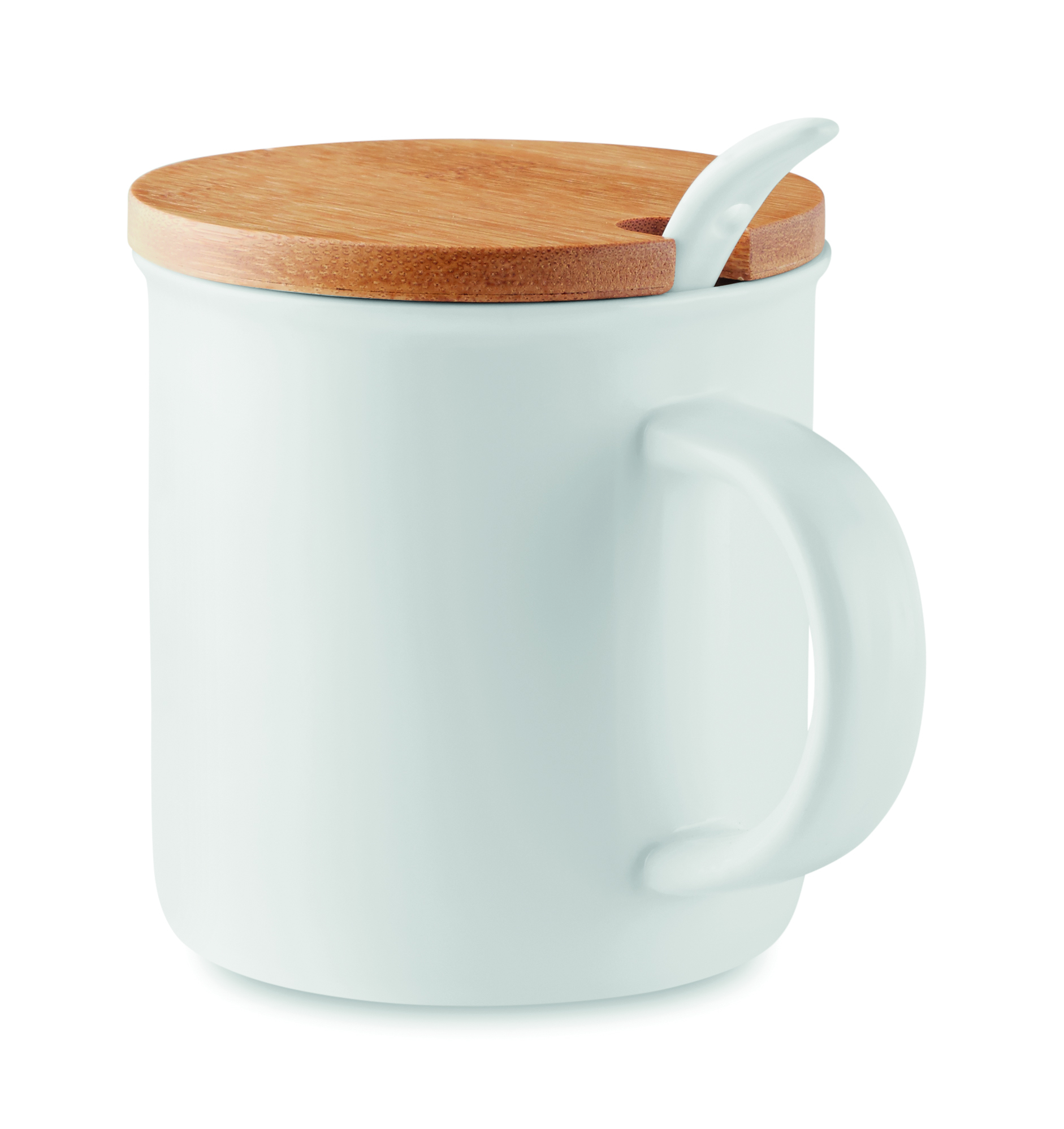 Mug avec cuillère et couvercle bambou en porcelaine