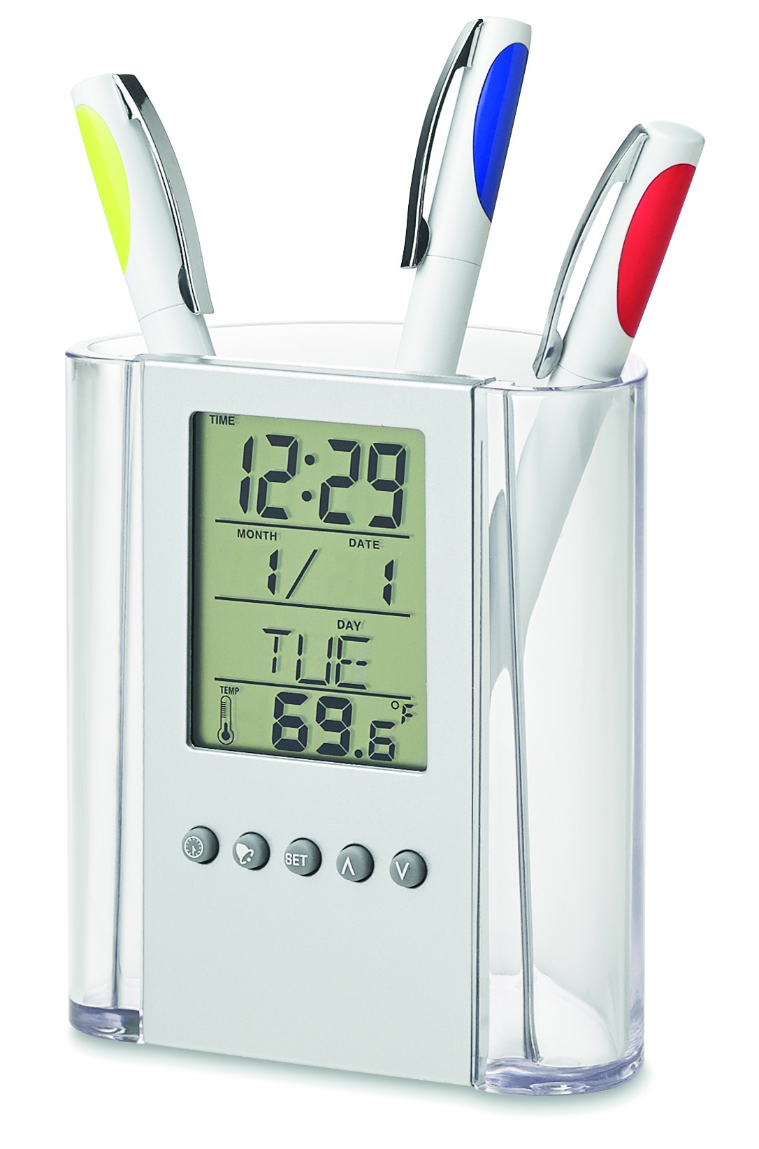 Porte-stylo multifonction avec pendulette et thermomètre