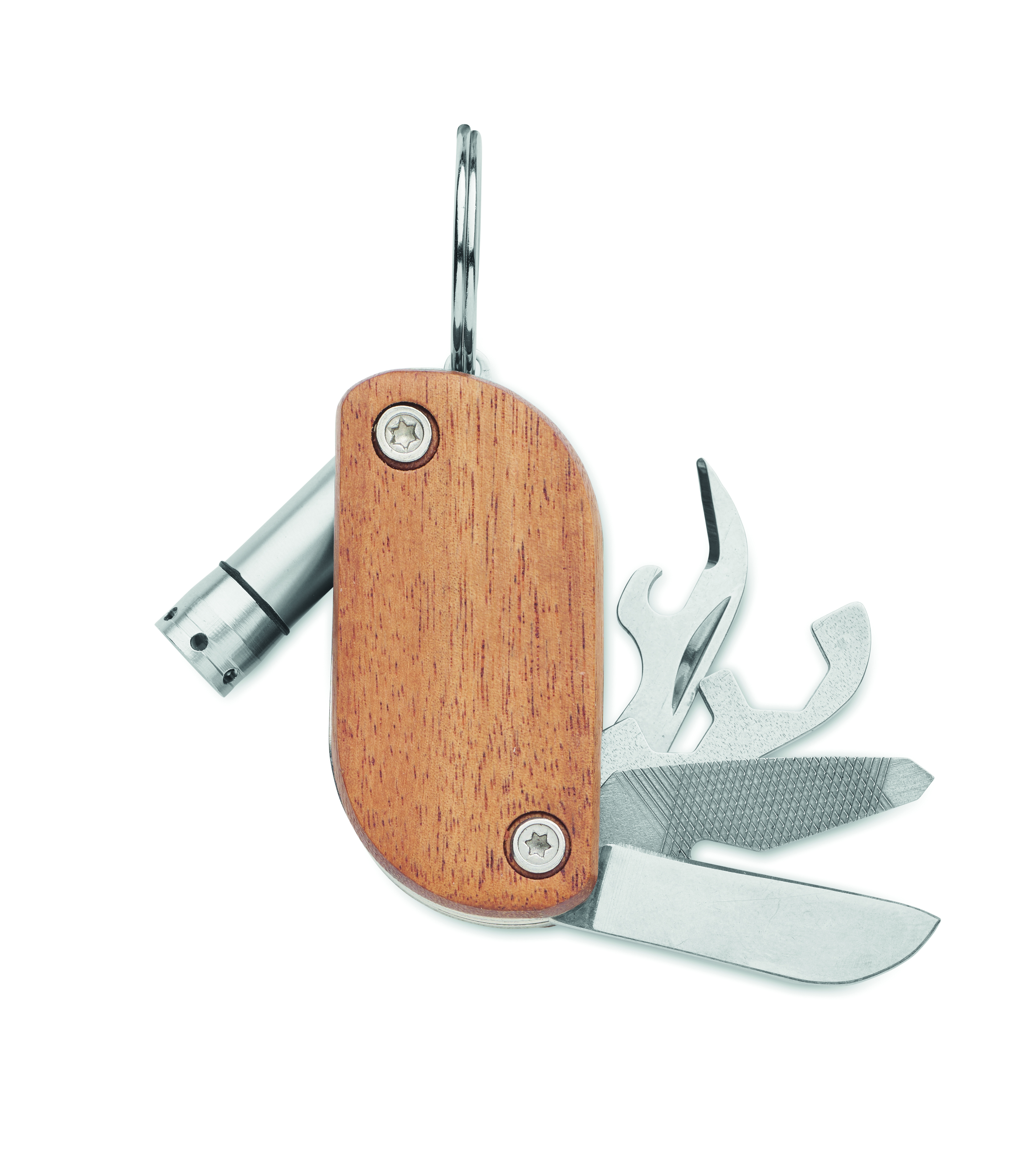 Couteau de poche multi-outil LED en inox et bois