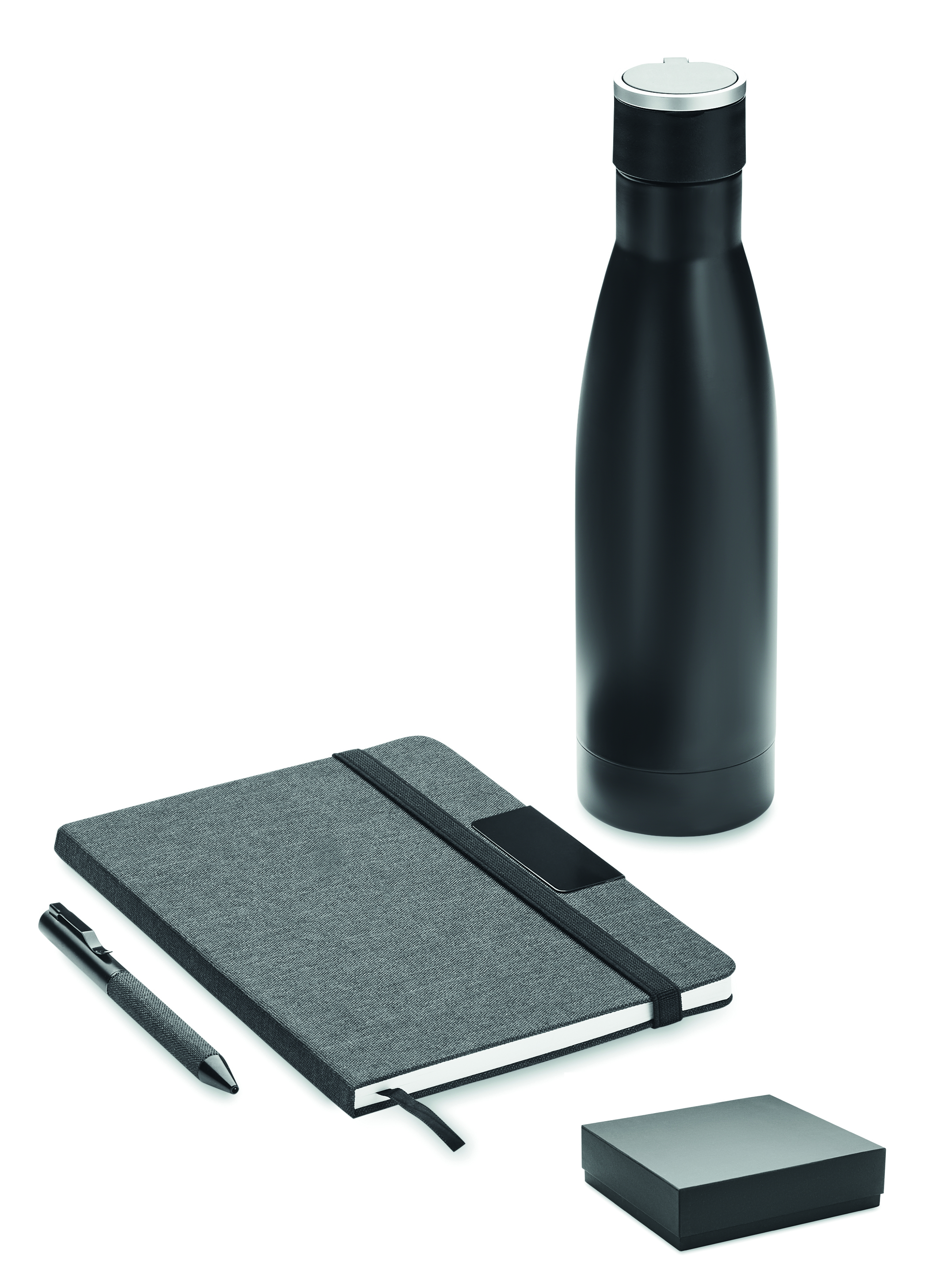 Coffret cadeau 3 pièces carnet, stylo et bouteille