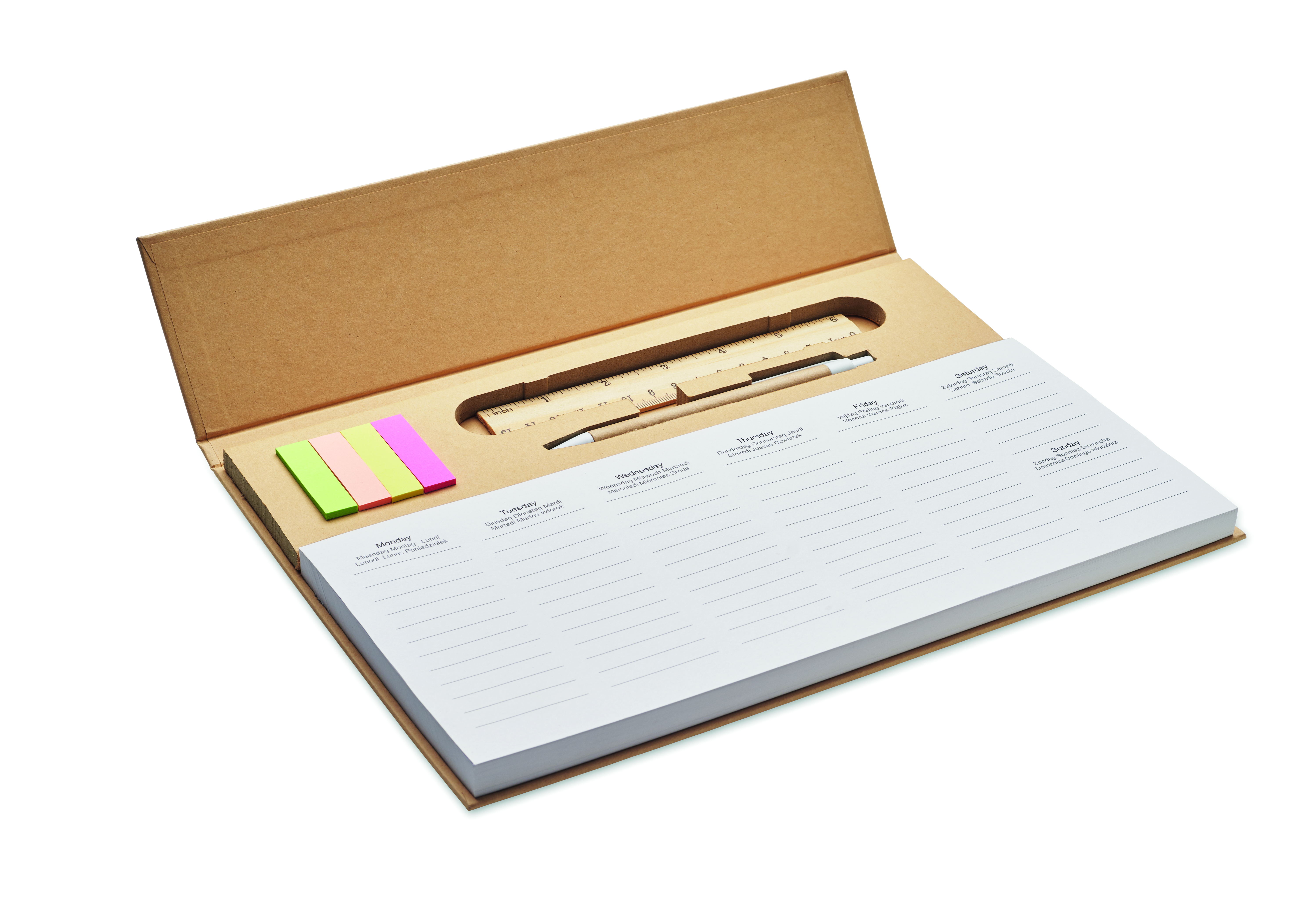 Agenda de bureau hebdomadaire avec stylo et bloc-notes