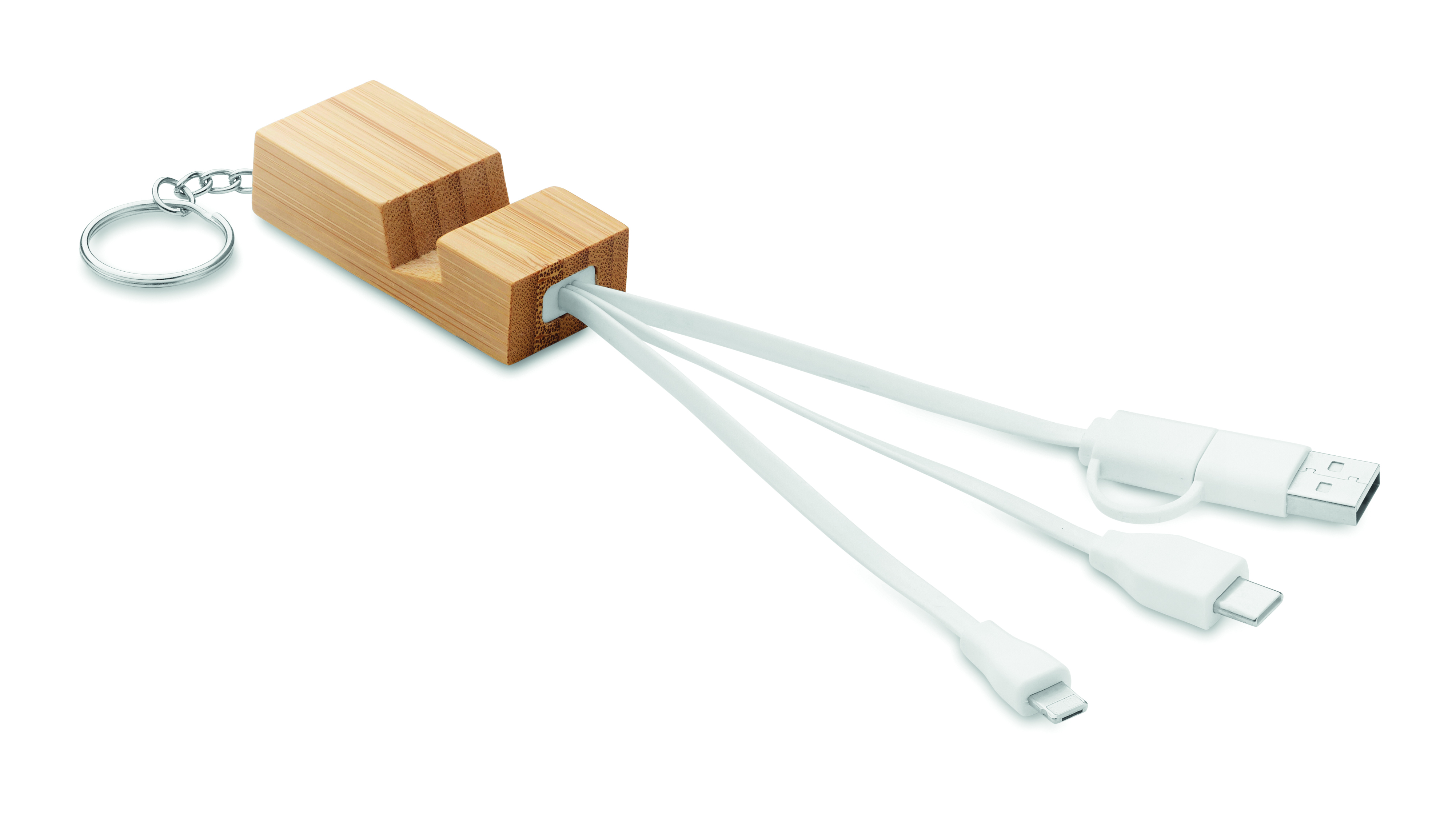 Porte-clés support smartphone et câble 2 en 1 en bambou