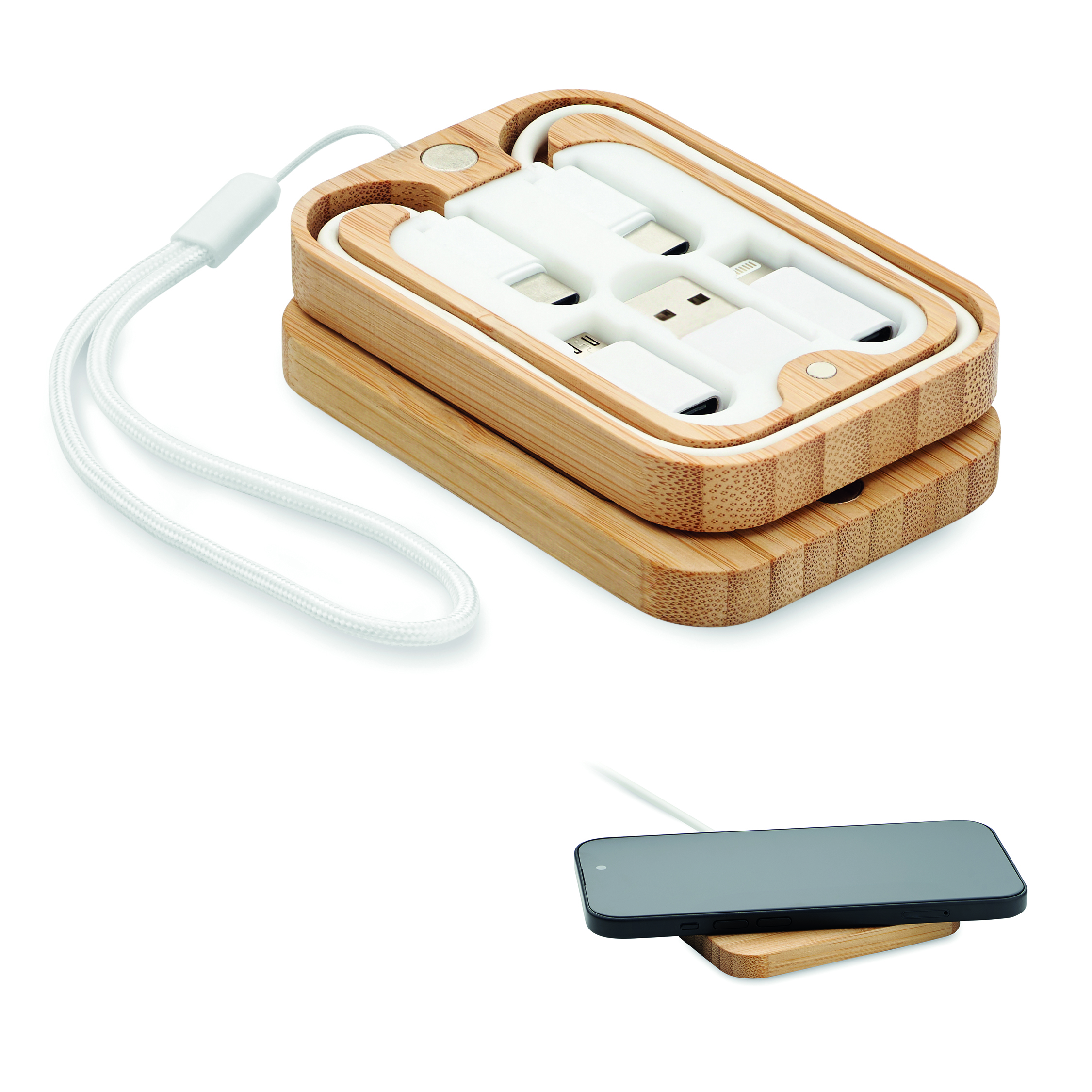 Chargeur sans fil 15 W avec câble 3 en 1 en bambou