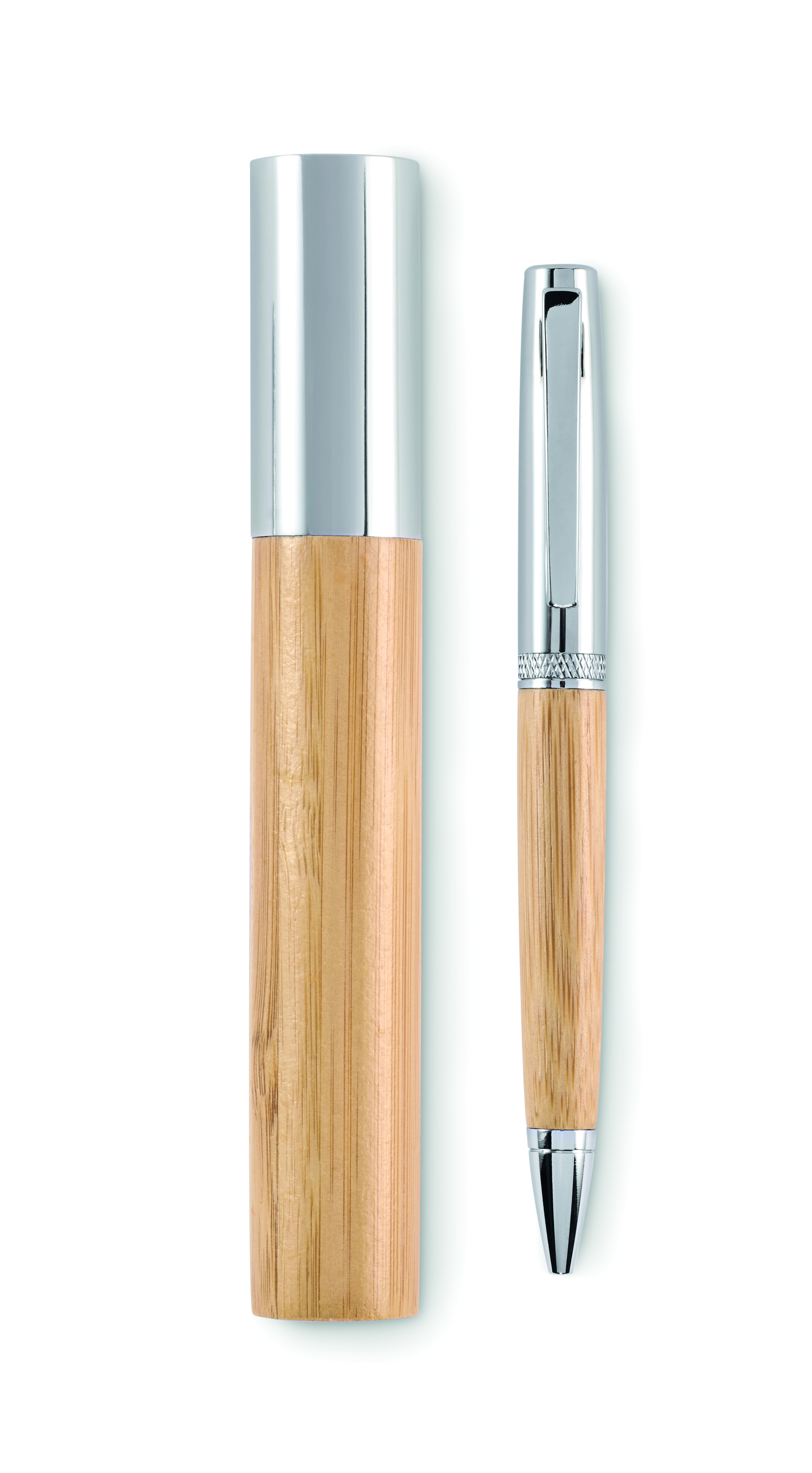 Stylo à bille twist avec étui tube en métal et bambou